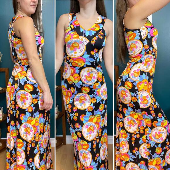 Vintage 1960s/70s Bani-Lon J. Bancroft & Sons Psychedelic Maxi Dress size XS/S - Picture 1 of 8